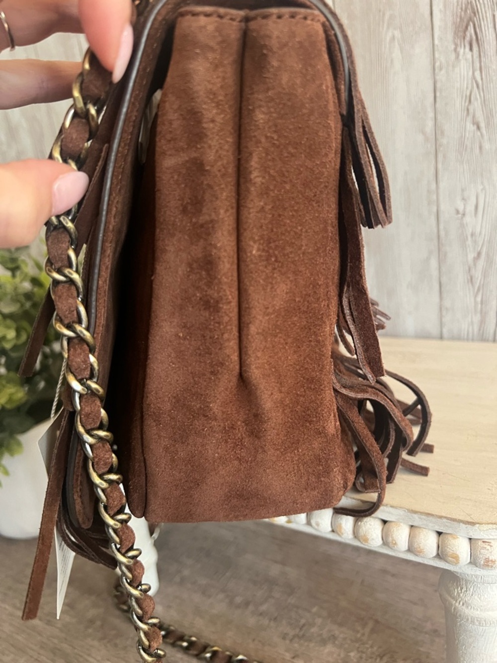 Tory Burch Chocolate Brown Suede Fringe Shoulder Bag Western Festival NEW - Picture 3 of 6